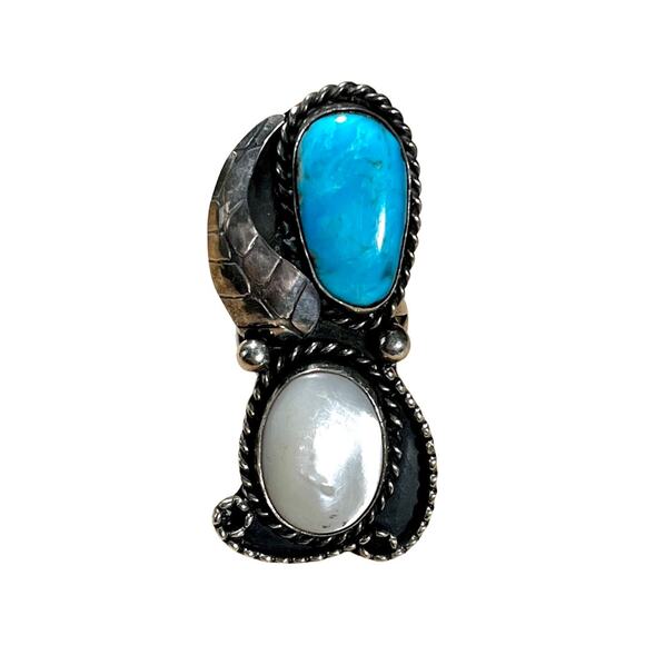 Huge Vintage Sterling Silver Mother of Pearl Turquoise Ring Southwestern Sz 6.25 - Picture 1 of 6